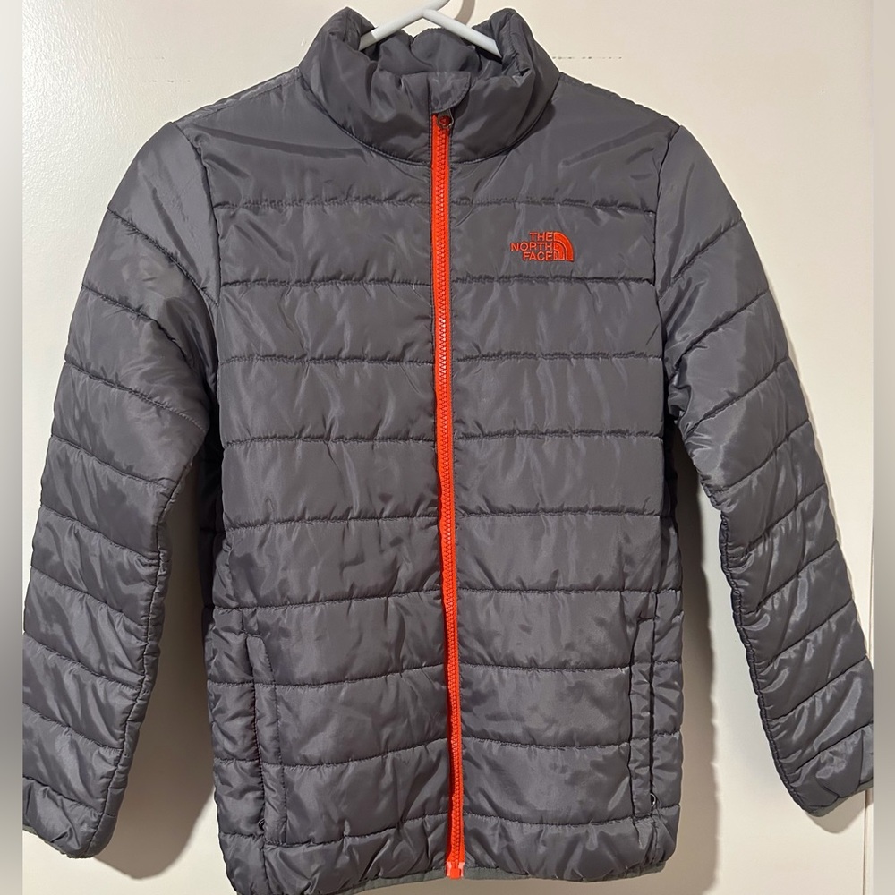 The North Face Gray Puffer Jacket with Orange Accents, Boys Size Large 14/16
